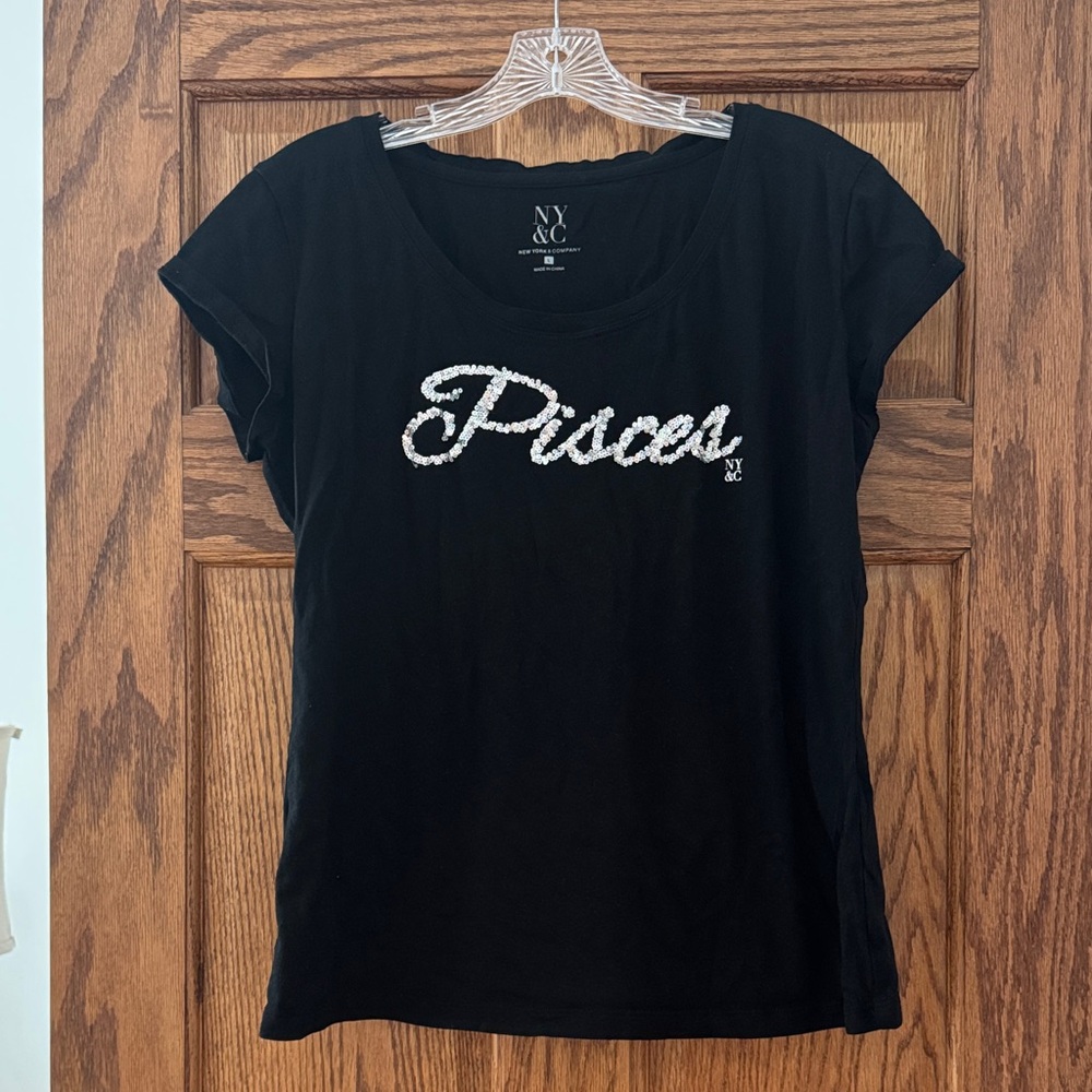 New York & Company Black Pisces Graphic Tee